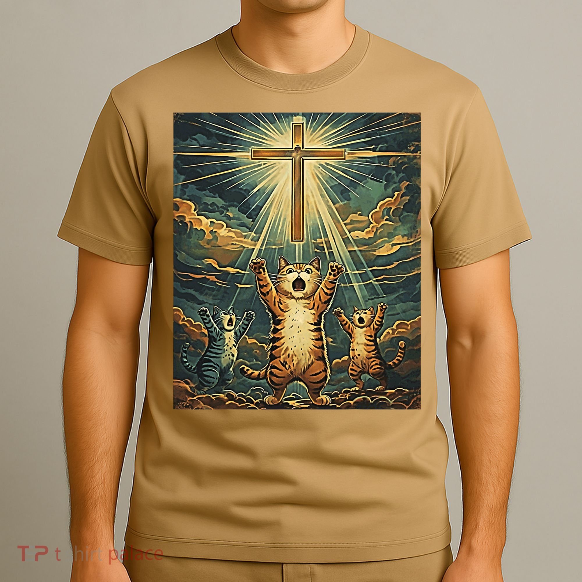 Cat Praying Jesus Cross Scared Cats Worship God Funny T-Shirt