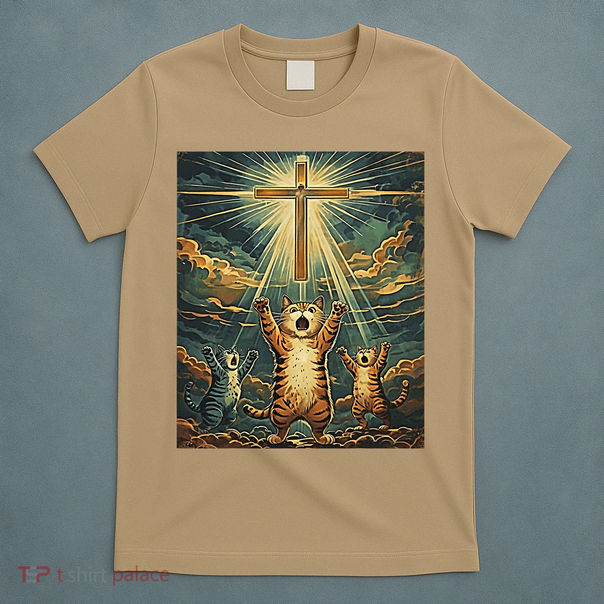 Cat Praying Jesus Cross Scared Cats Worship God Funny T-Shirt