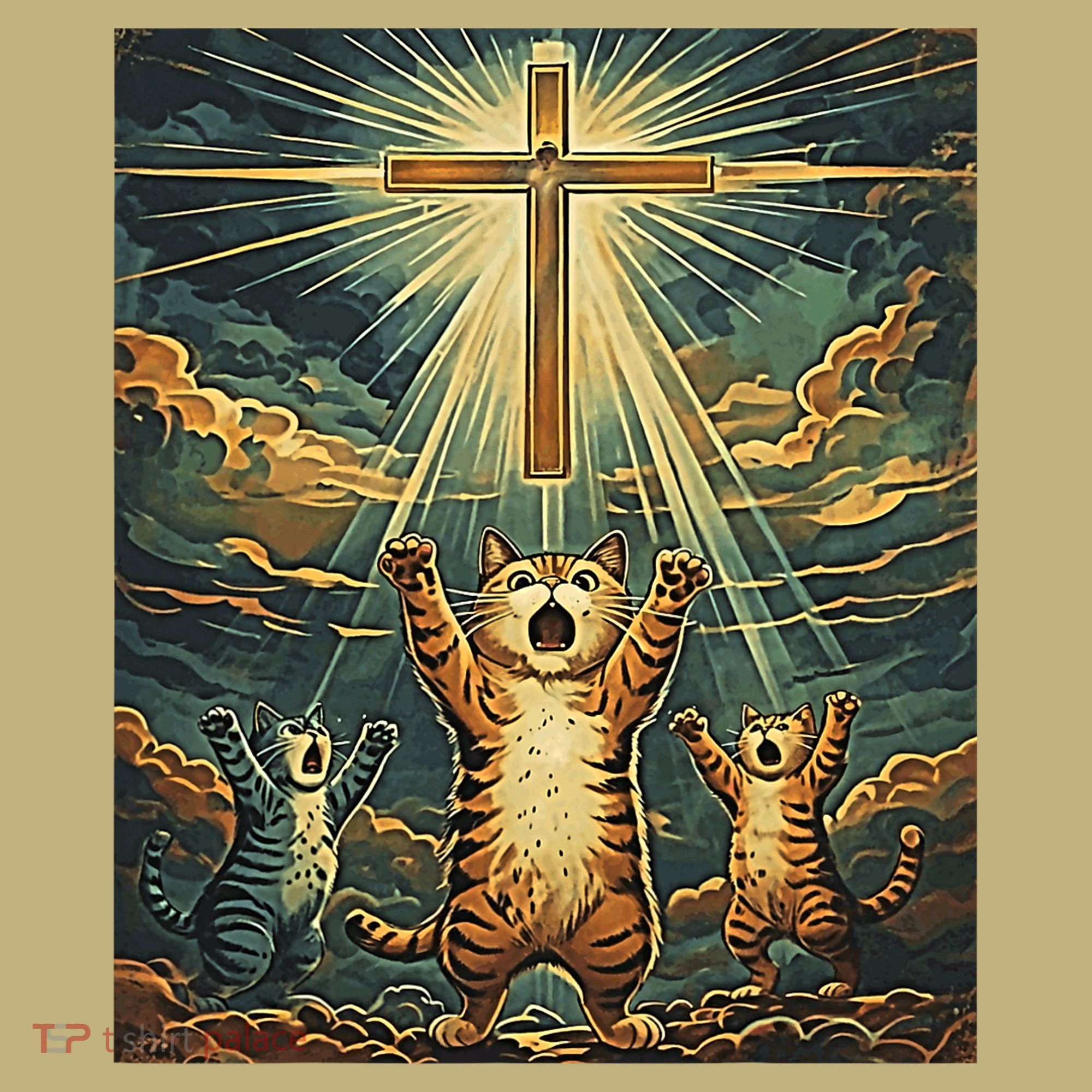Cat Praying Jesus Cross Scared Cats Worship God Funny Kids T-Shirt