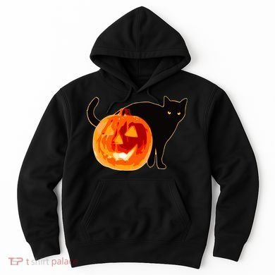 Creepy Pumpkin Jack O Lantern Black Cat Halloween Hoodie