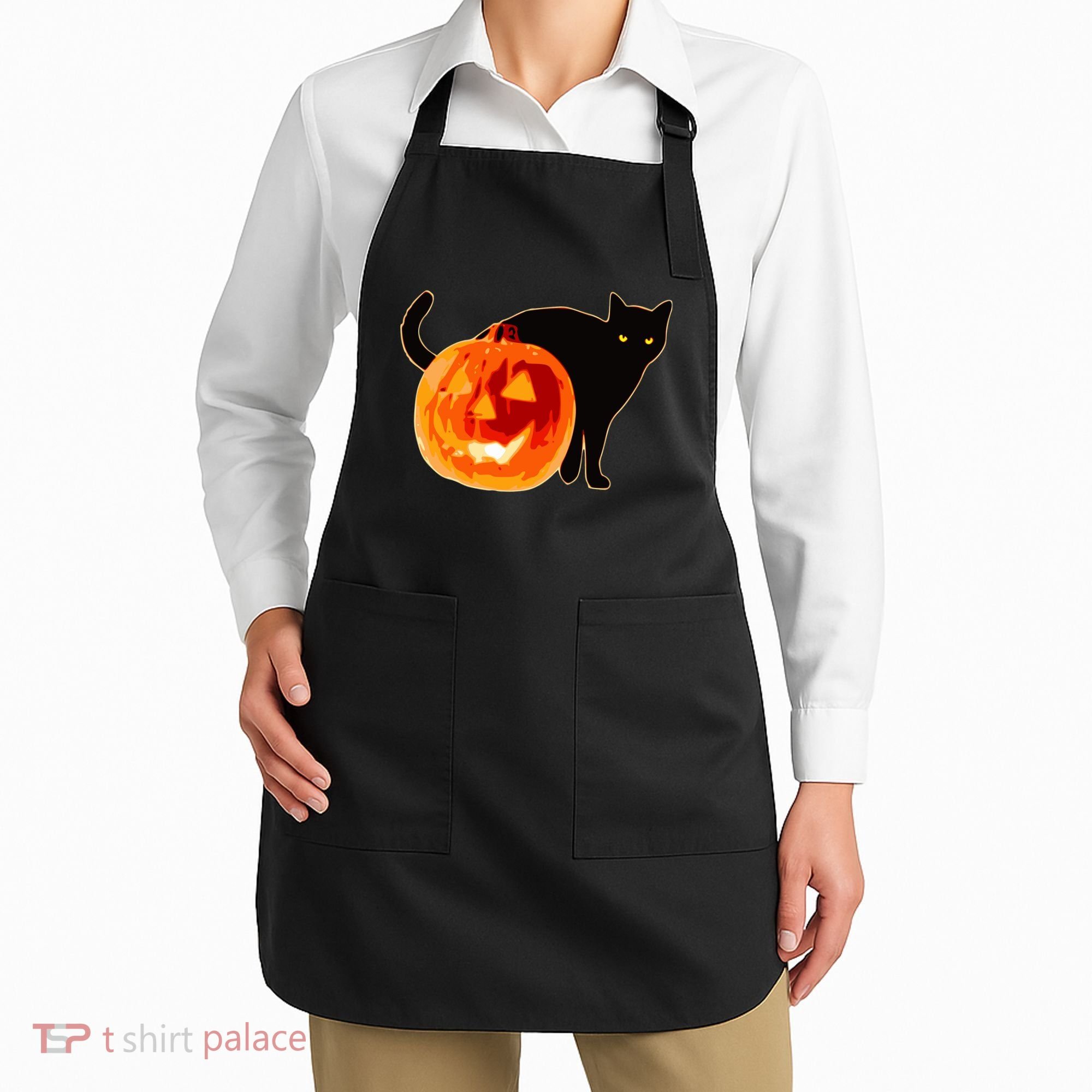 Creepy Pumpkin Jack O Lantern Black Cat Halloween Apron