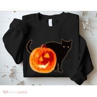 Creepy Pumpkin Jack O Lantern Black Cat Halloween Sweatshirt thumb 2
