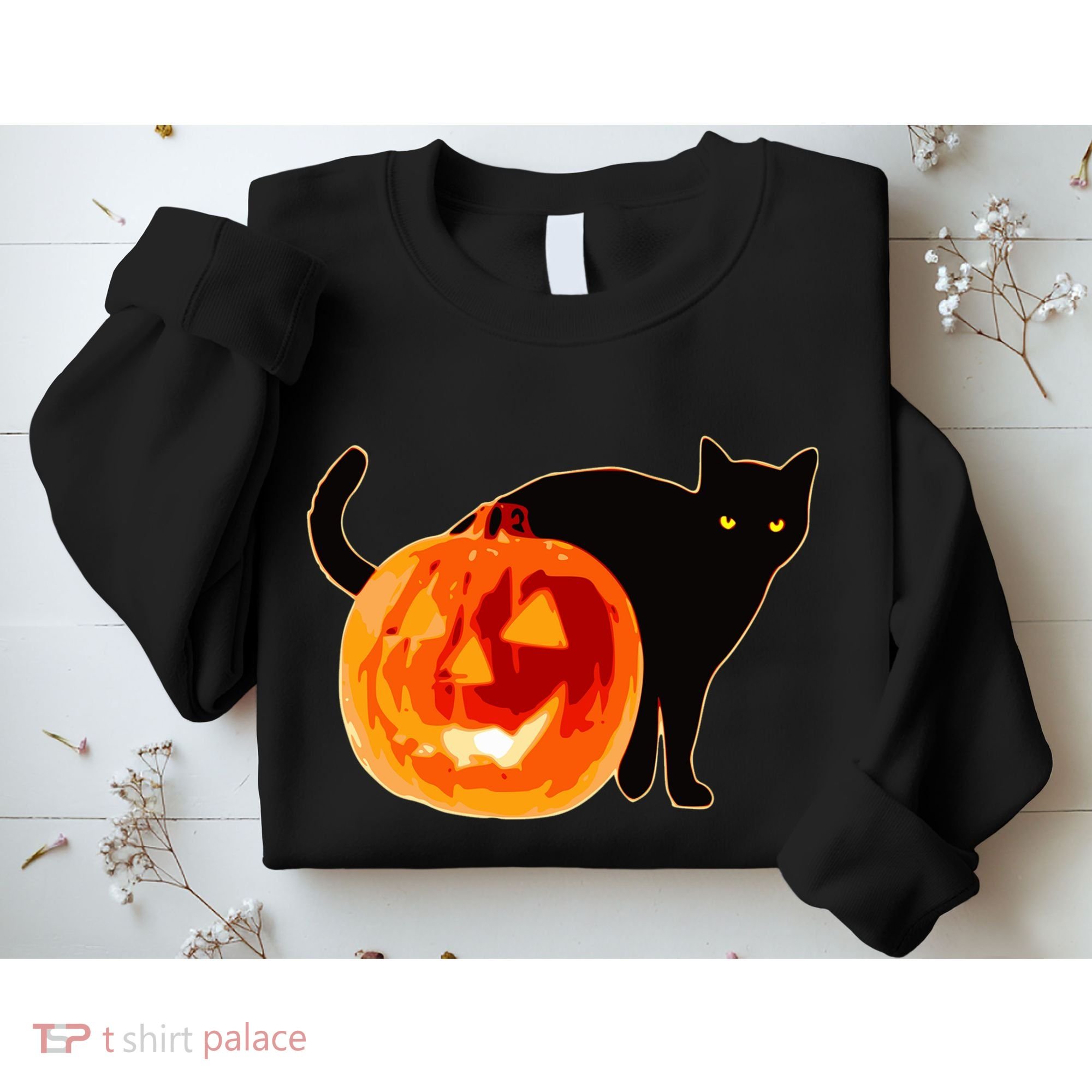 Creepy Pumpkin Jack O Lantern Black Cat Halloween Sweatshirt