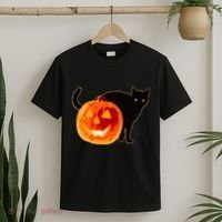 Creepy Pumpkin Jack O Lantern Black Cat Halloween T-Shirt thumb 2