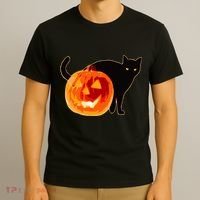 Creepy Pumpkin Jack O Lantern Black Cat Halloween T-Shirt thumb 3