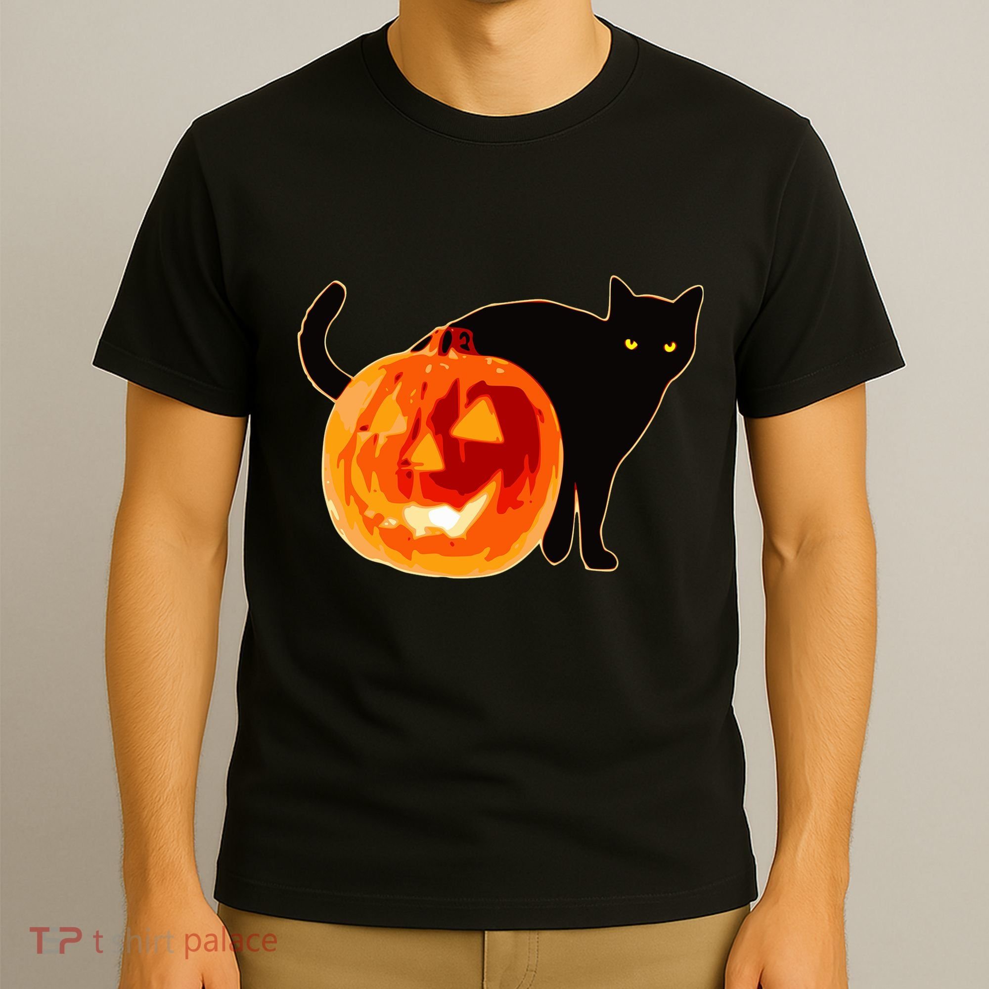 Creepy Pumpkin Jack O Lantern Black Cat Halloween T-Shirt