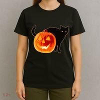 Creepy Pumpkin Jack O Lantern Black Cat Halloween T-Shirt thumb 4