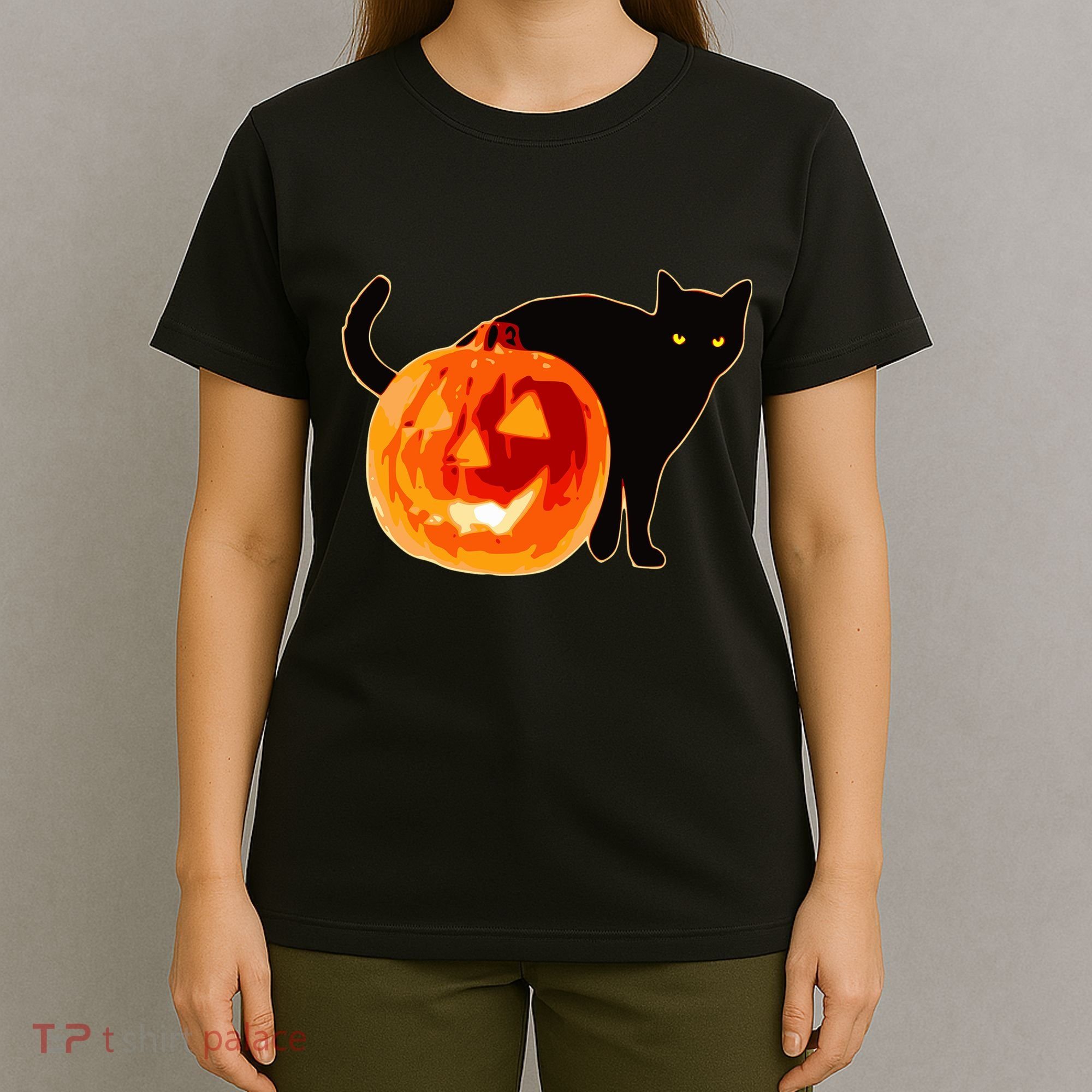 Creepy Pumpkin Jack O Lantern Black Cat Halloween T-Shirt