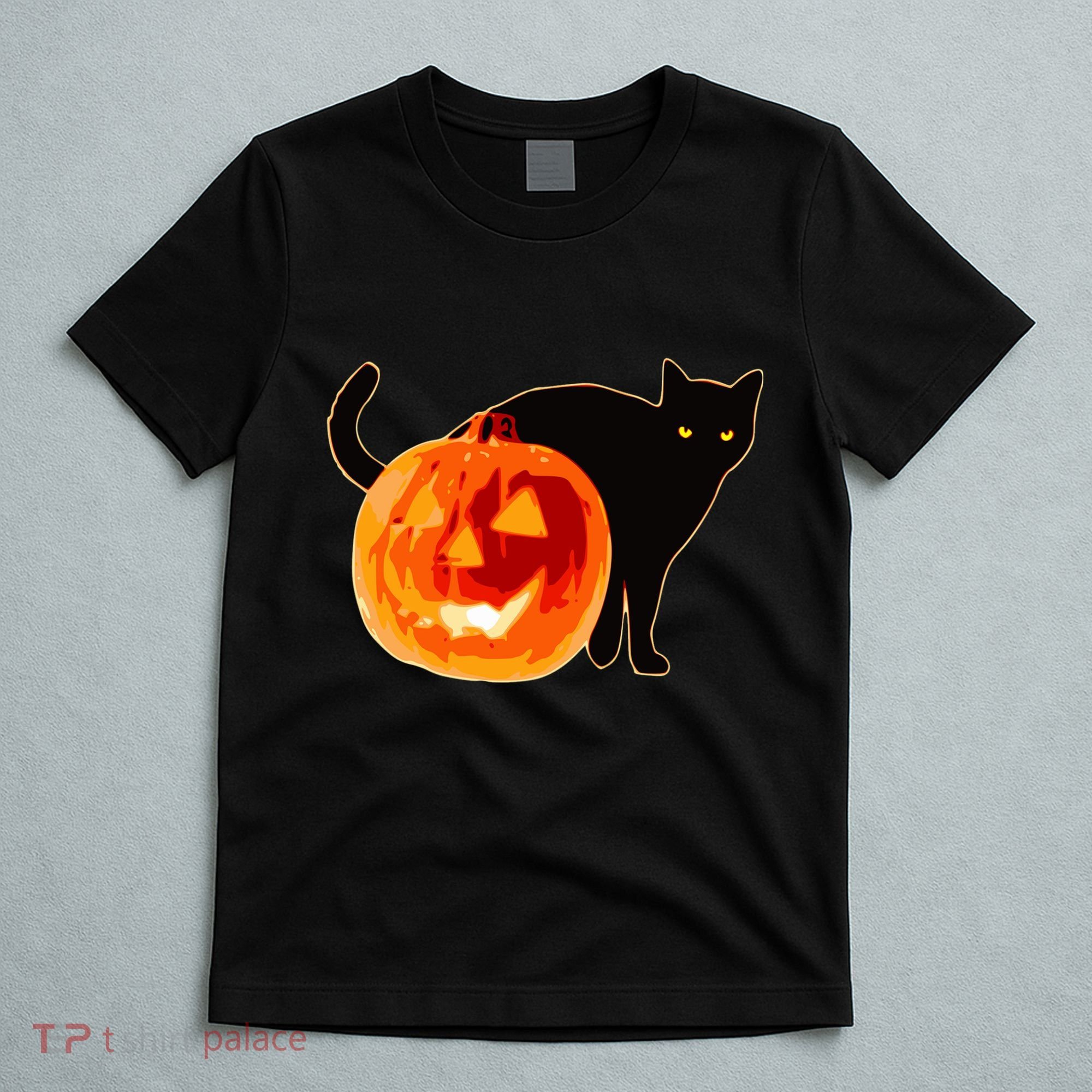 Creepy Pumpkin Jack O Lantern Black Cat Halloween T-Shirt