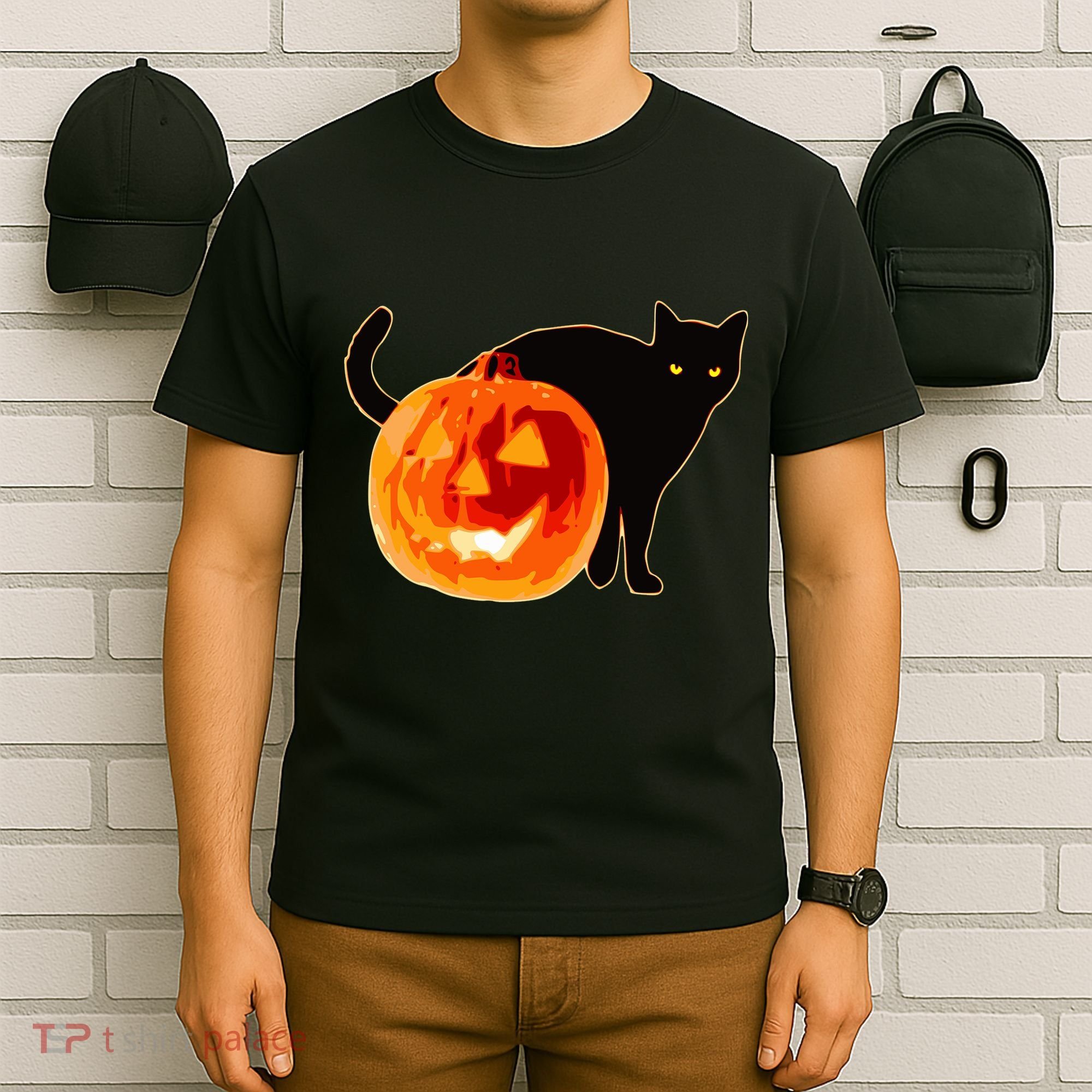 Creepy Pumpkin Jack O Lantern Black Cat Halloween T-Shirt