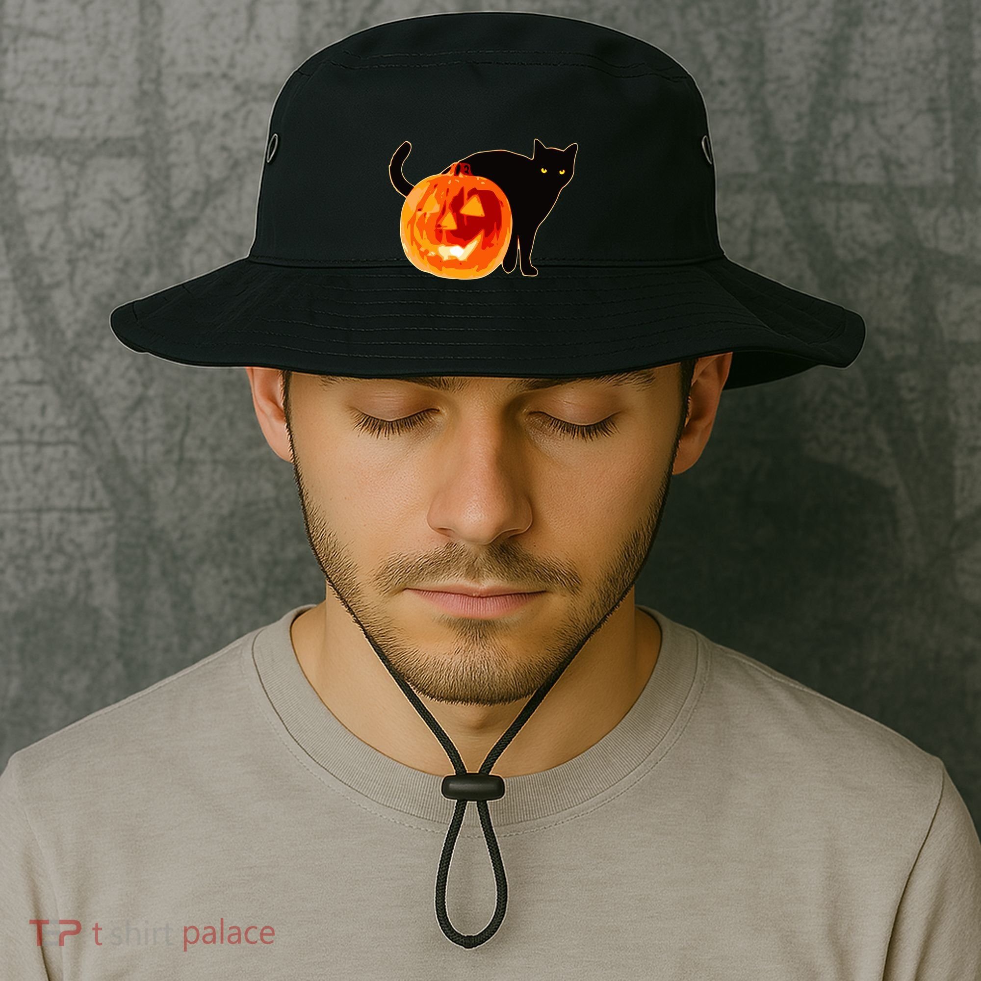 Creepy Pumpkin Jack O Lantern Black Cat Halloween Bucket Hat