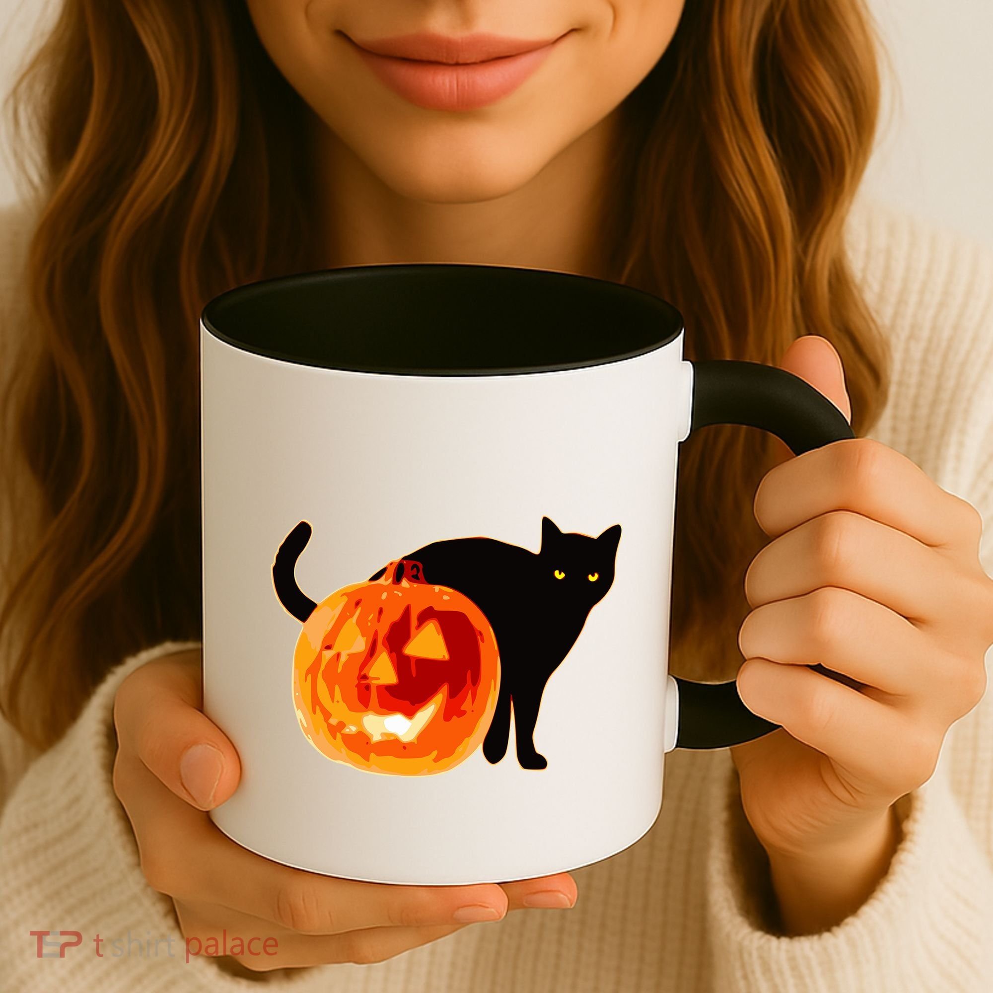 Creepy Pumpkin Jack O Lantern Black Cat Halloween Coffee Mug