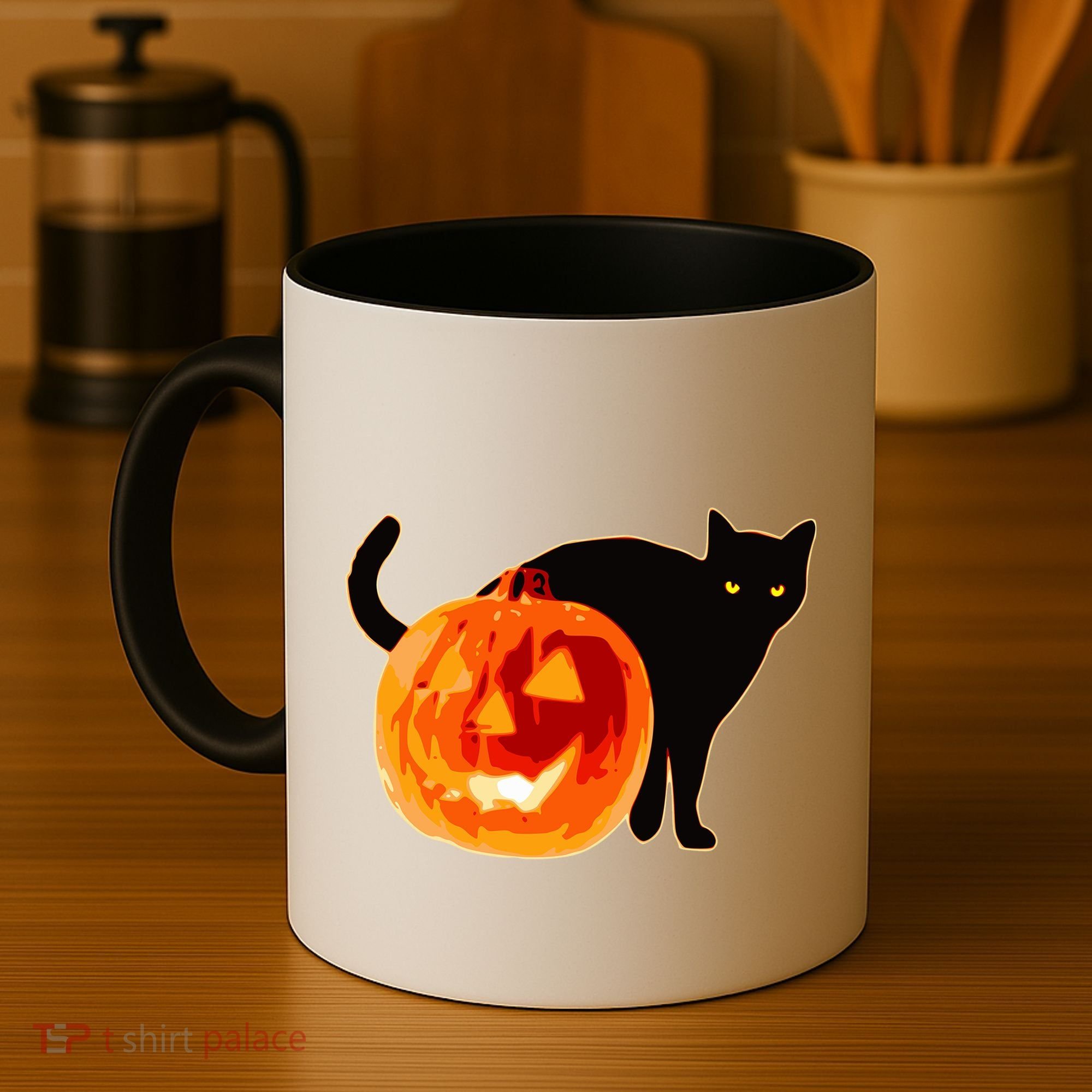 Creepy Pumpkin Jack O Lantern Black Cat Halloween Coffee Mug