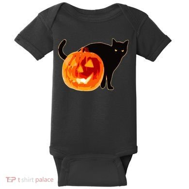 Creepy Pumpkin Jack O Lantern Black Cat Halloween Baby Bodysuit