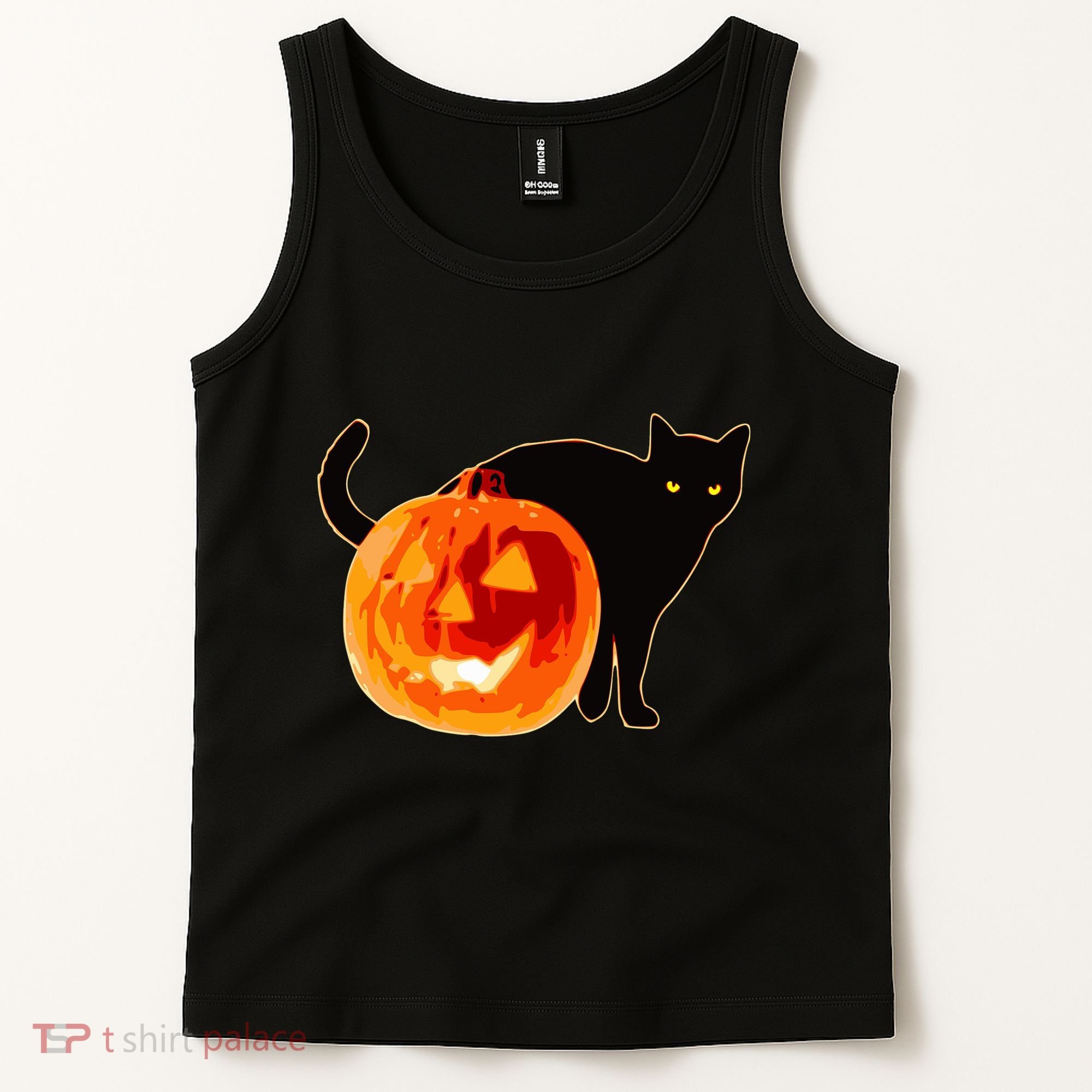 Creepy Pumpkin Jack O Lantern Black Cat Halloween Tank Top