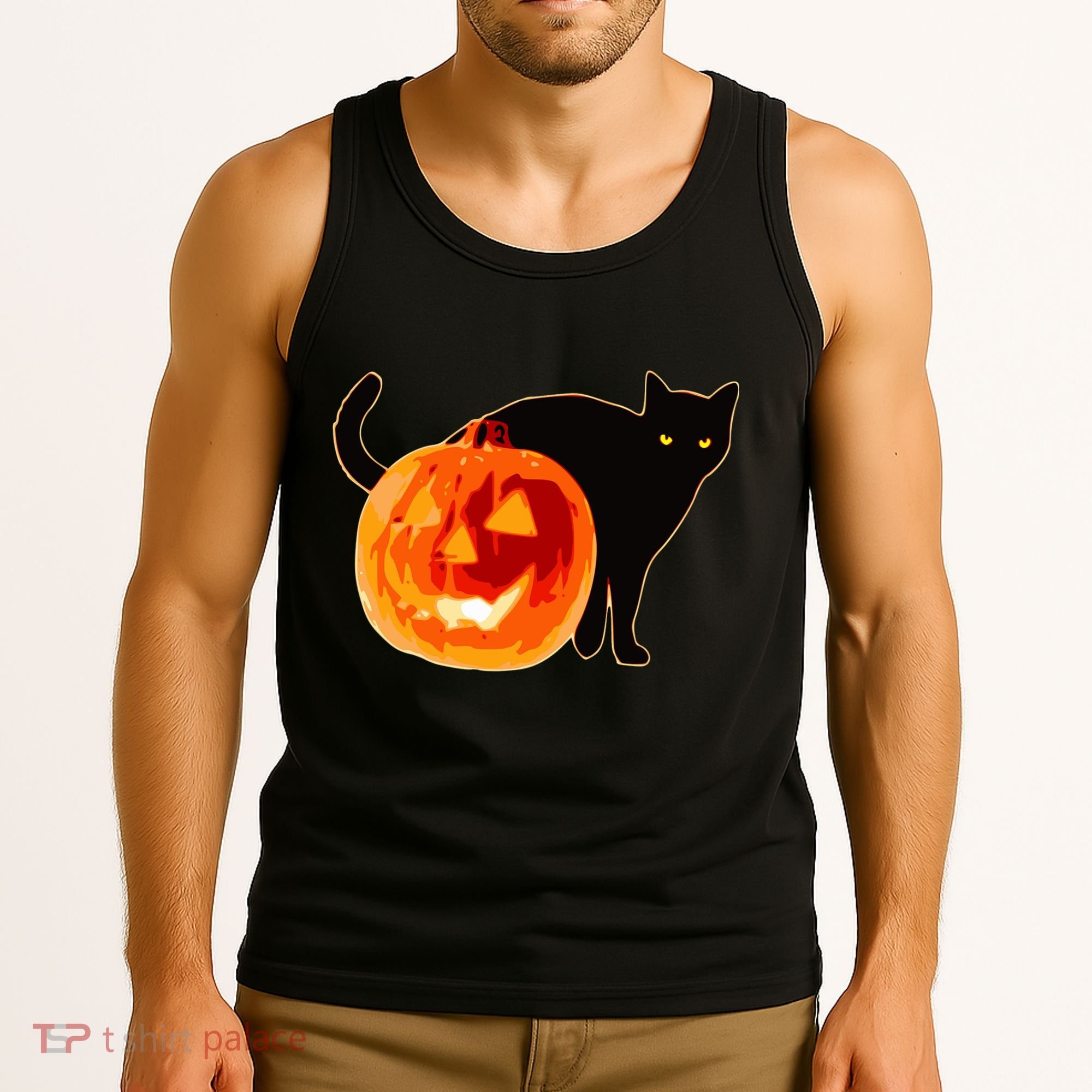 Creepy Pumpkin Jack O Lantern Black Cat Halloween Tank Top