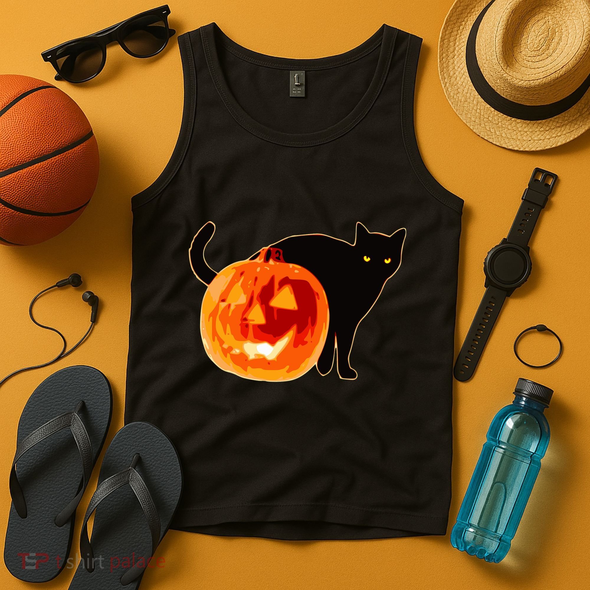 Creepy Pumpkin Jack O Lantern Black Cat Halloween Tank Top
