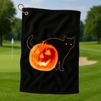 Creepy Pumpkin Jack O Lantern Black Cat Halloween Golf Towel thumb 1