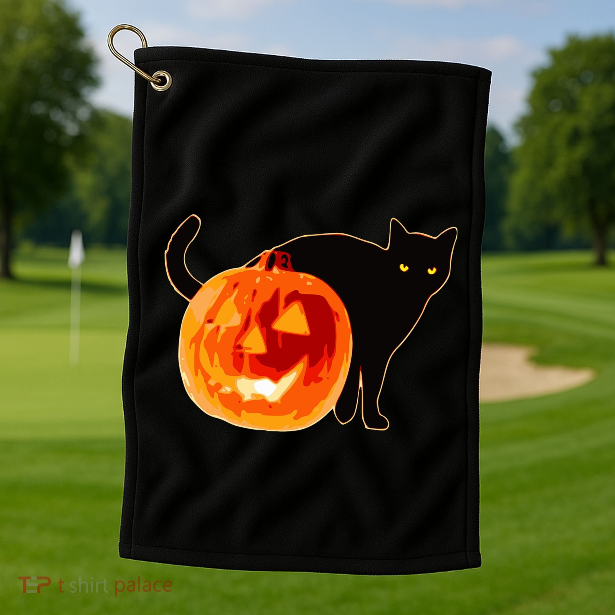Creepy Pumpkin Jack O Lantern Black Cat Halloween Golf Towel