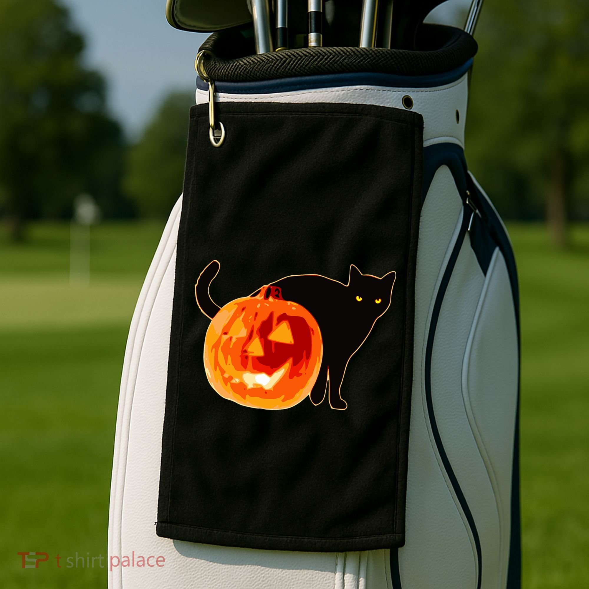 Creepy Pumpkin Jack O Lantern Black Cat Halloween Golf Towel
