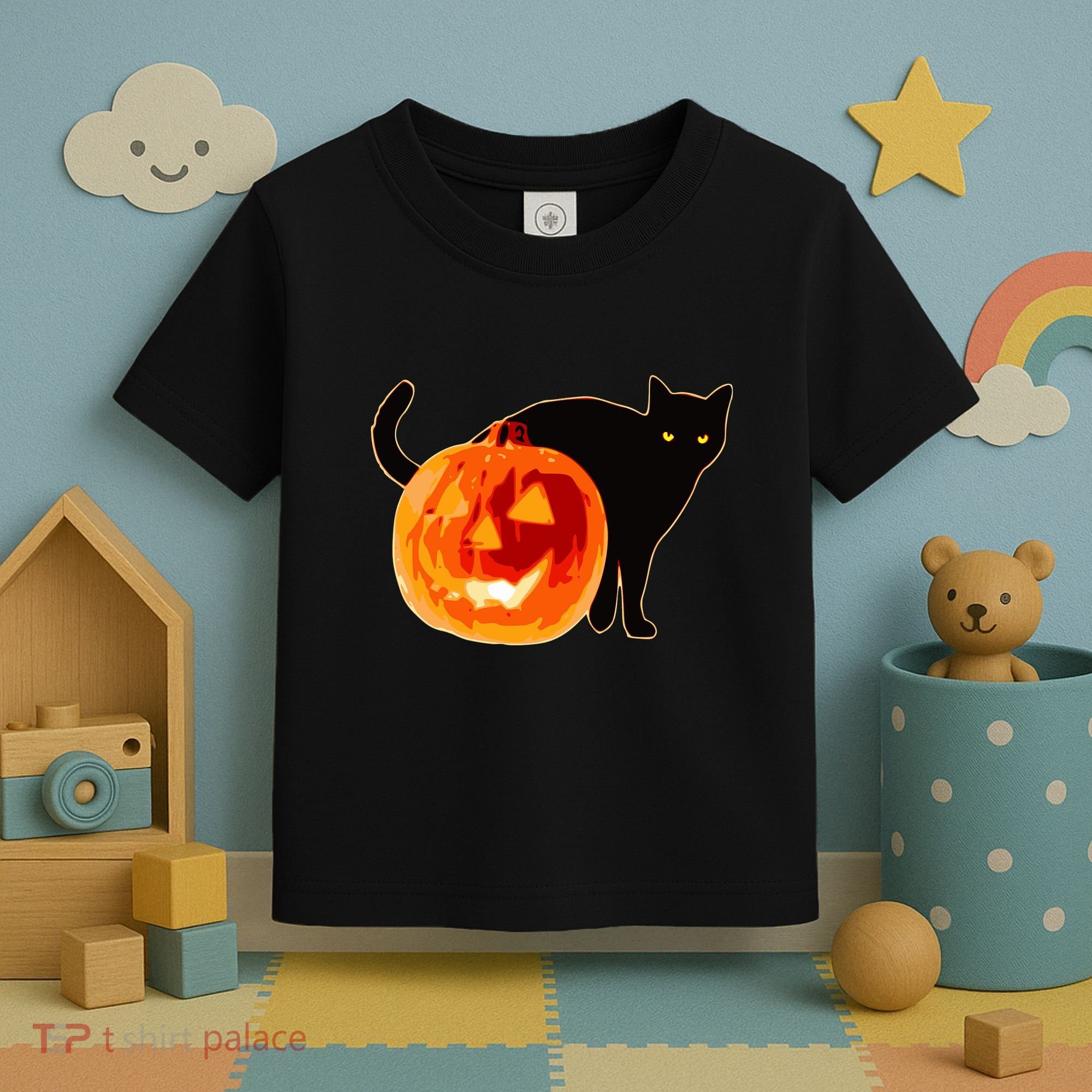 Creepy Pumpkin Jack O Lantern Black Cat Halloween Toddler T-Shirt