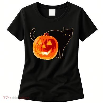 Creepy Pumpkin Jack O Lantern Black Cat Halloween Women's T-Shirt