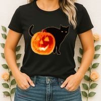 Creepy Pumpkin Jack O Lantern Black Cat Halloween Women's T-Shirt thumb 2
