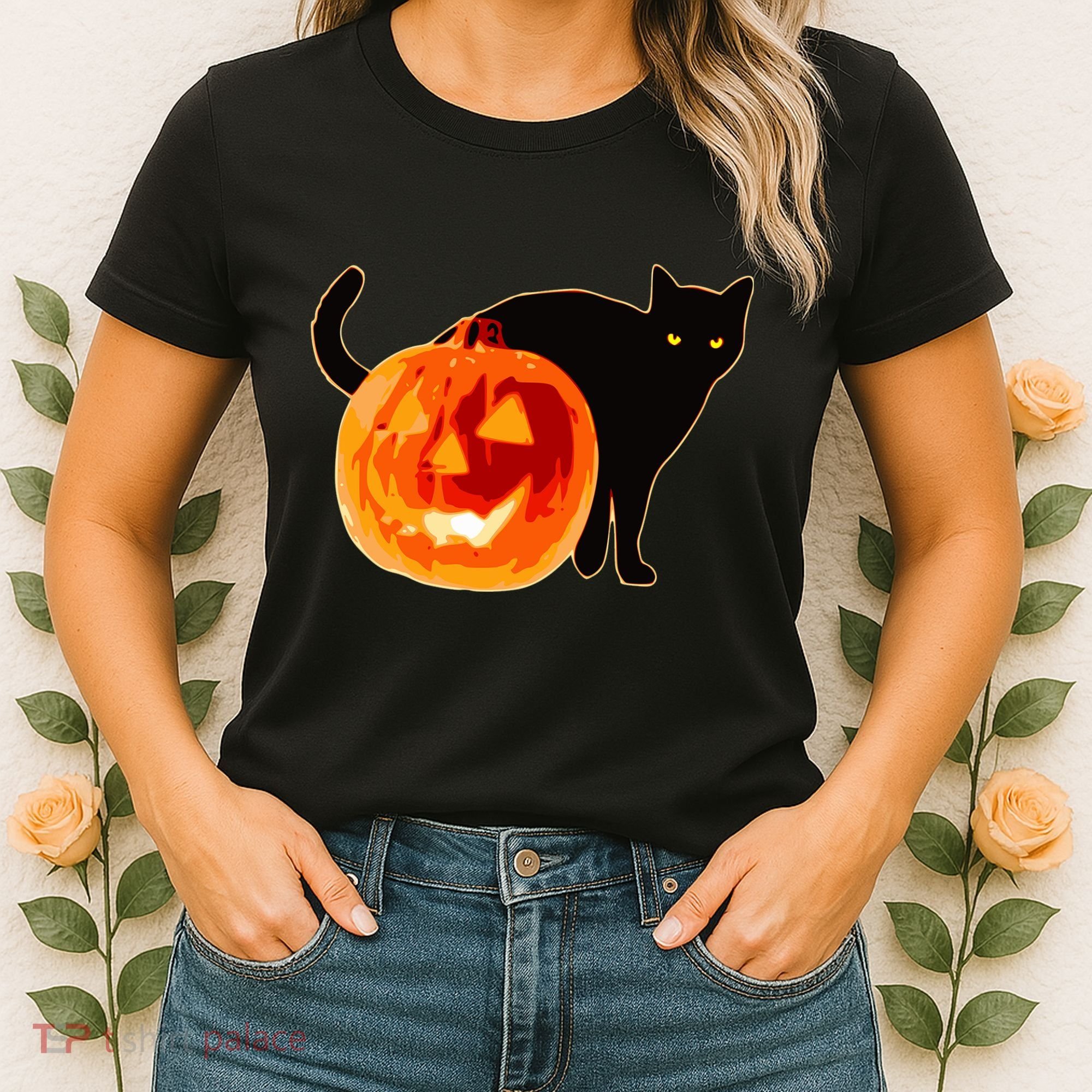 Creepy Pumpkin Jack O Lantern Black Cat Halloween Women's T-Shirt