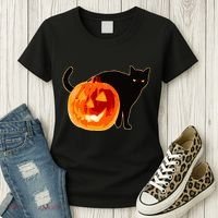 Creepy Pumpkin Jack O Lantern Black Cat Halloween Women's T-Shirt thumb 3