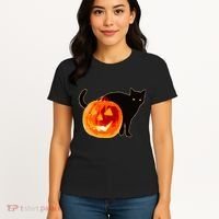 Creepy Pumpkin Jack O Lantern Black Cat Halloween Women's T-Shirt thumb 4