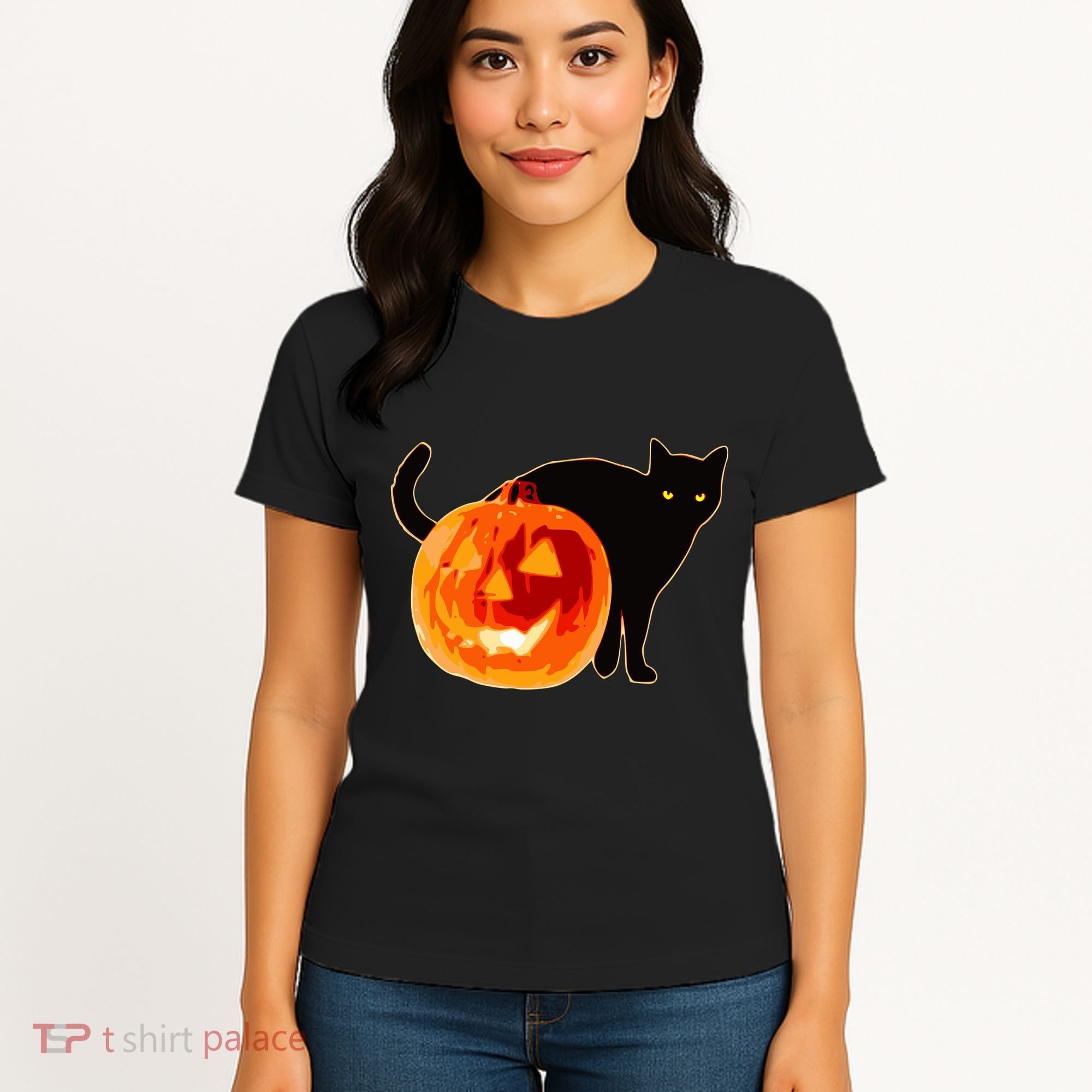 Creepy Pumpkin Jack O Lantern Black Cat Halloween Women's T-Shirt