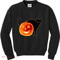 Creepy Pumpkin Jack O Lantern Black Cat Halloween Kids Sweatshirt thumb 0