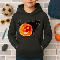 Creepy Pumpkin Jack O Lantern Black Cat Halloween Kids Hoodie thumb 2