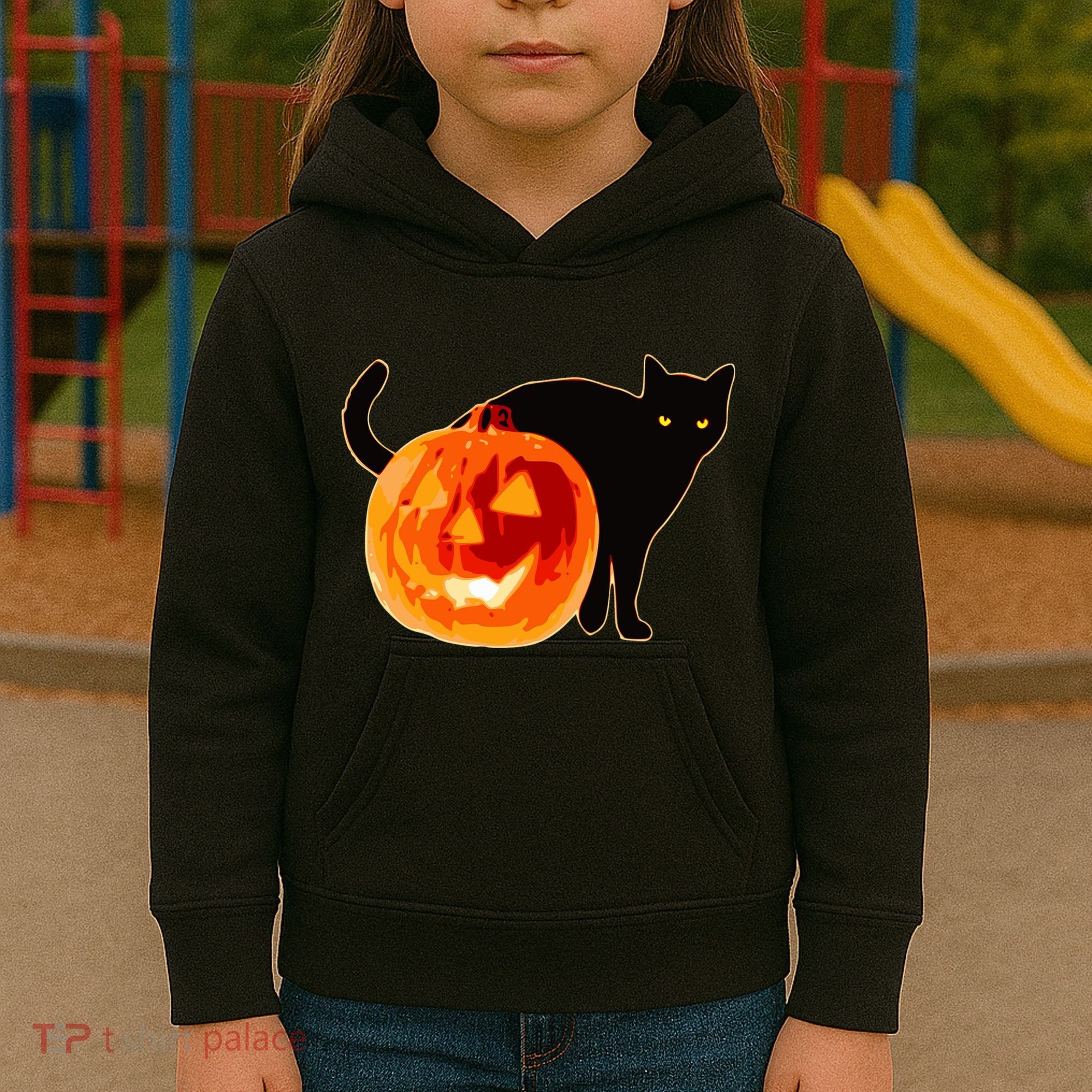 Creepy Pumpkin Jack O Lantern Black Cat Halloween Kids Hoodie