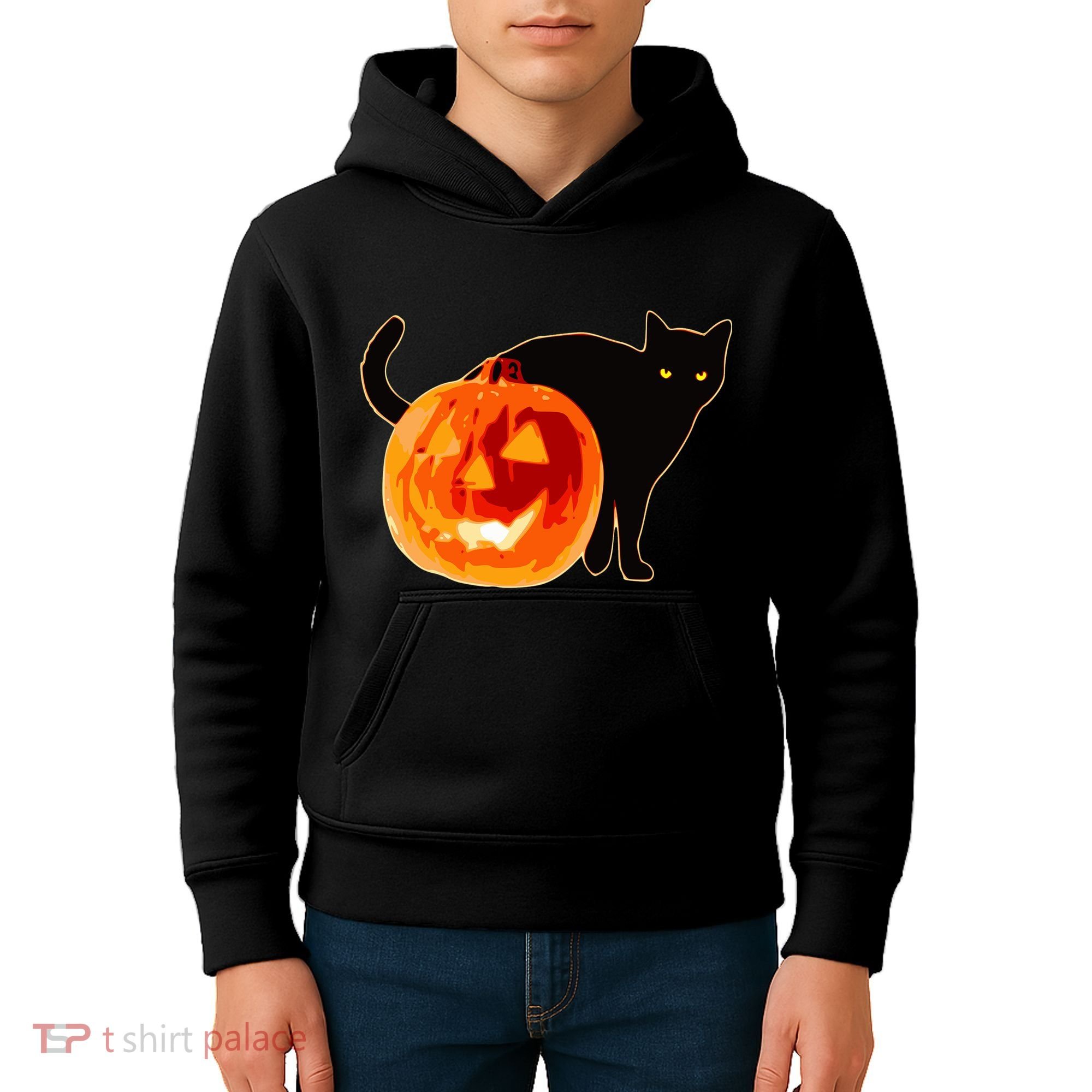 Creepy Pumpkin Jack O Lantern Black Cat Halloween Kids Hoodie
