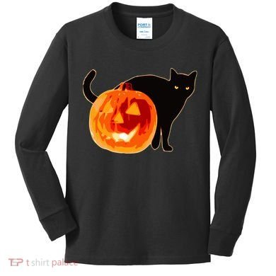 Creepy Pumpkin Jack O Lantern Black Cat Halloween Kids Long Sleeve Shirt