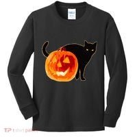 Creepy Pumpkin Jack O Lantern Black Cat Halloween Kids Long Sleeve Shirt thumb 0