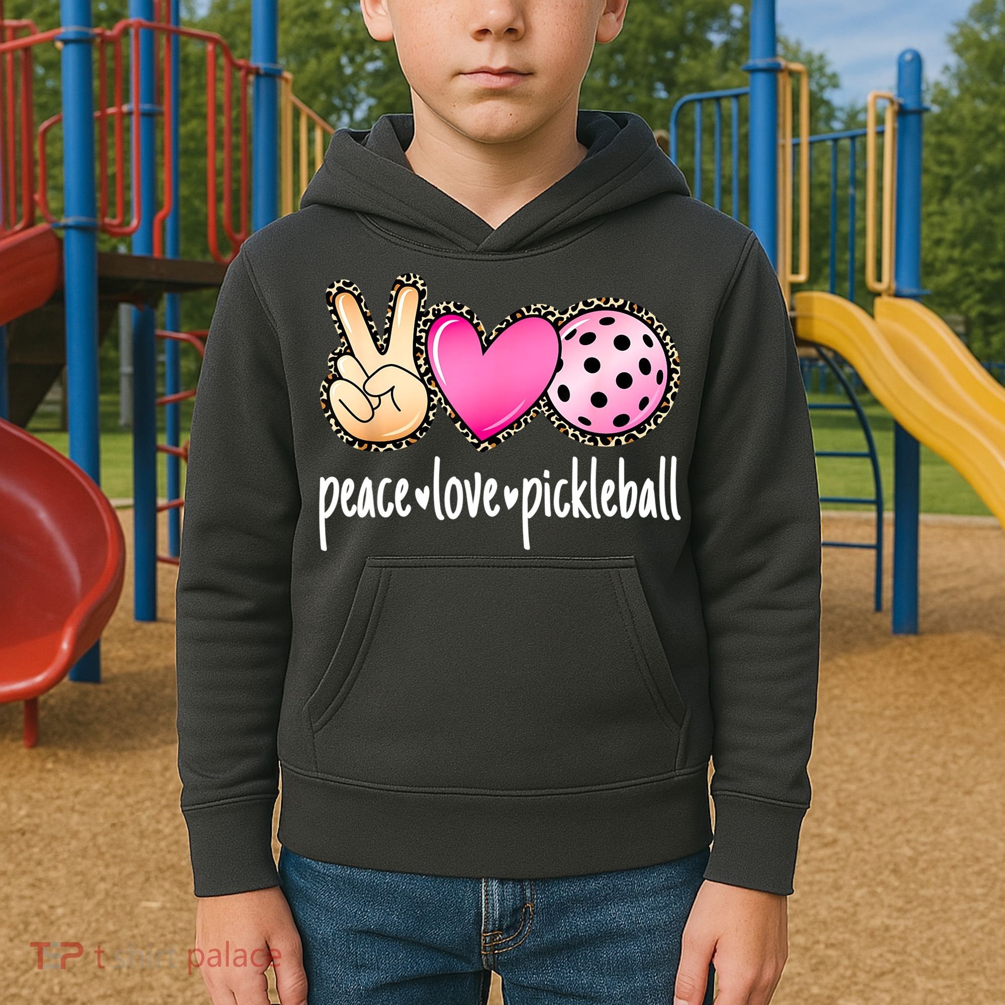 Cute Pickleballpeace Love Pickleball Lover Leopard Print Best Gift Kids Hoodie