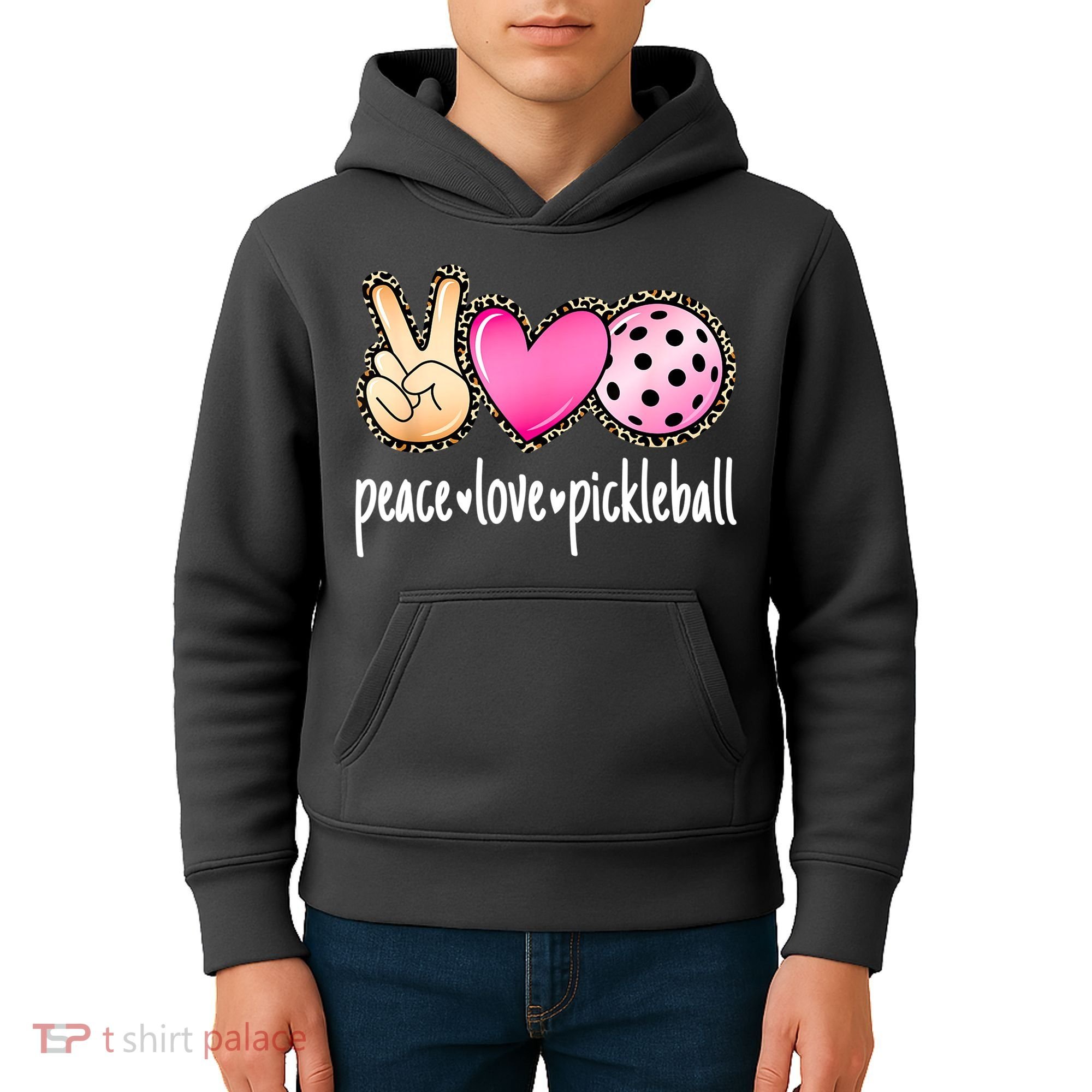 Cute Pickleballpeace Love Pickleball Lover Leopard Print Best Gift Kids Hoodie