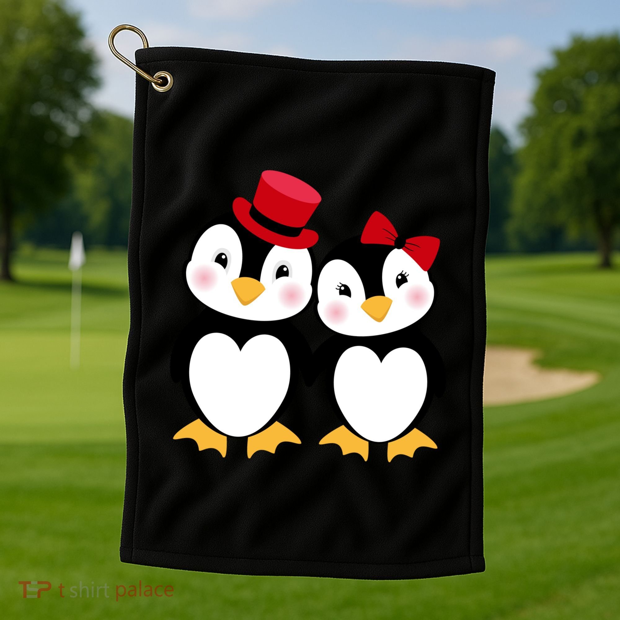 Cute Penguin Love Couples Valentines Golf Towel