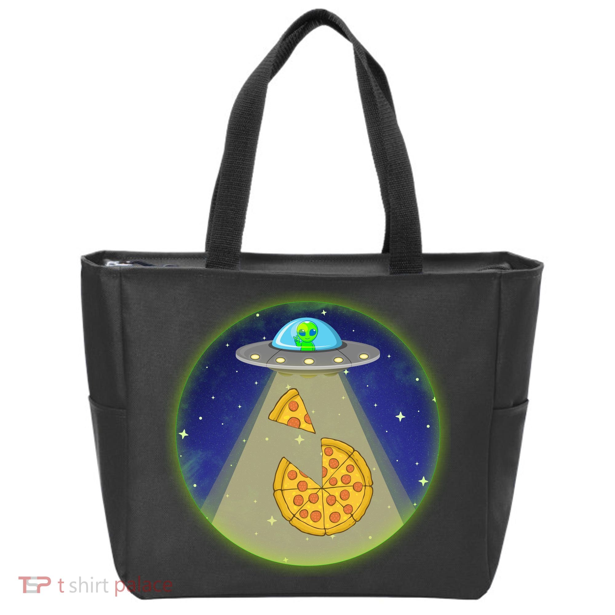 Cool Pizza Loving UFO Alien Tote Bag