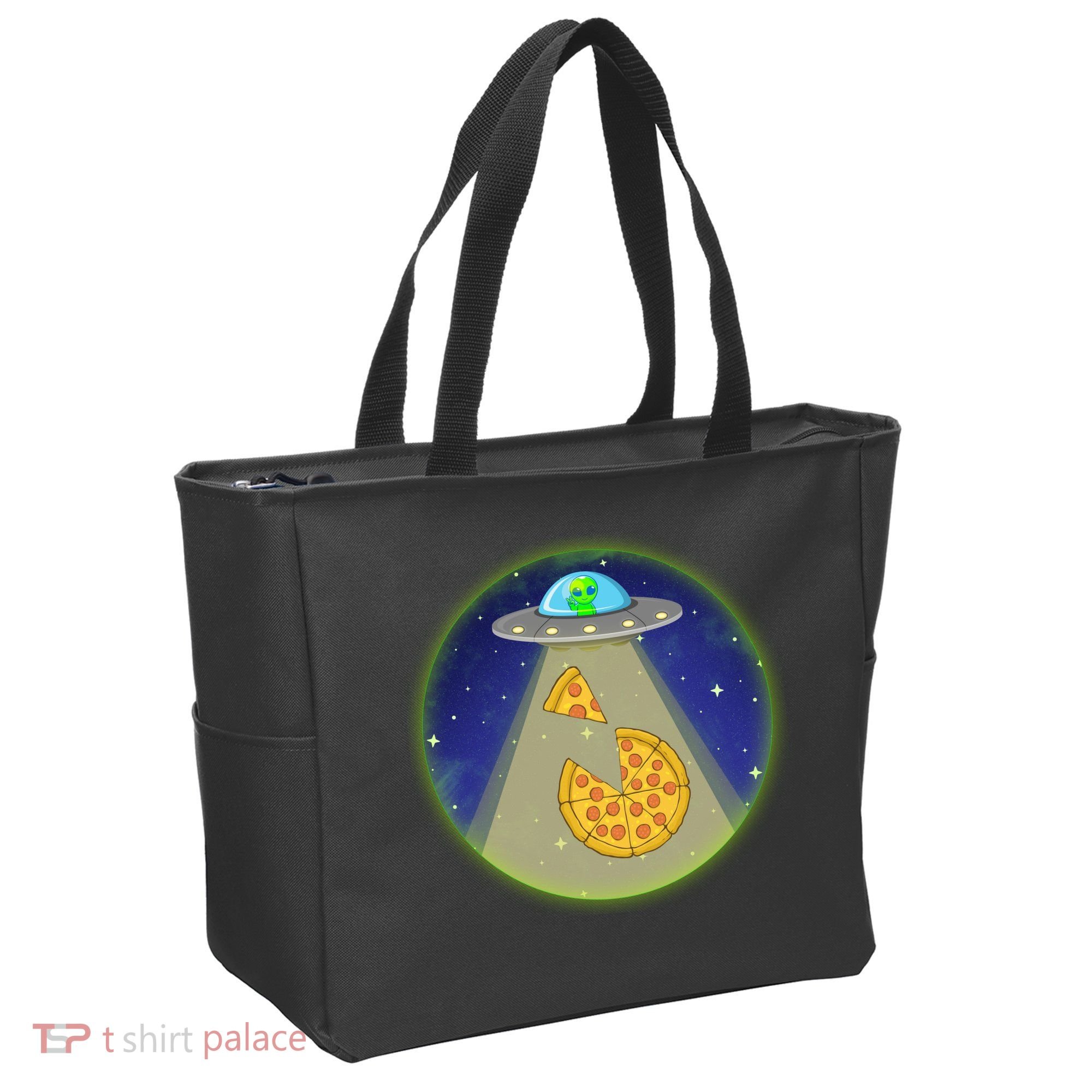 Cool Pizza Loving UFO Alien Tote Bag