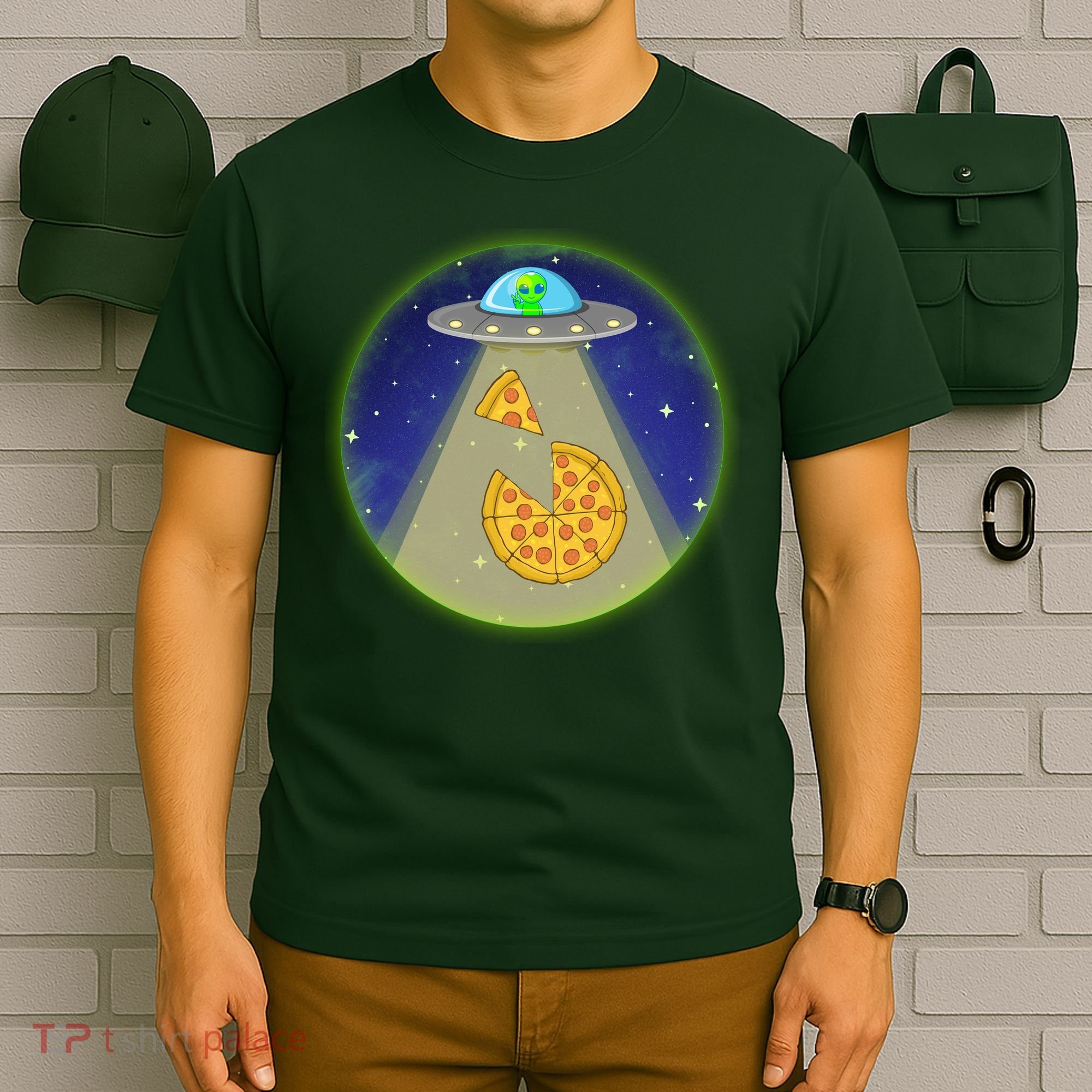 Cool Pizza Loving UFO Alien T-Shirt