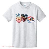 Cute Peace Love Books Reading Fan Book Lover Kids T-Shirt thumb 0