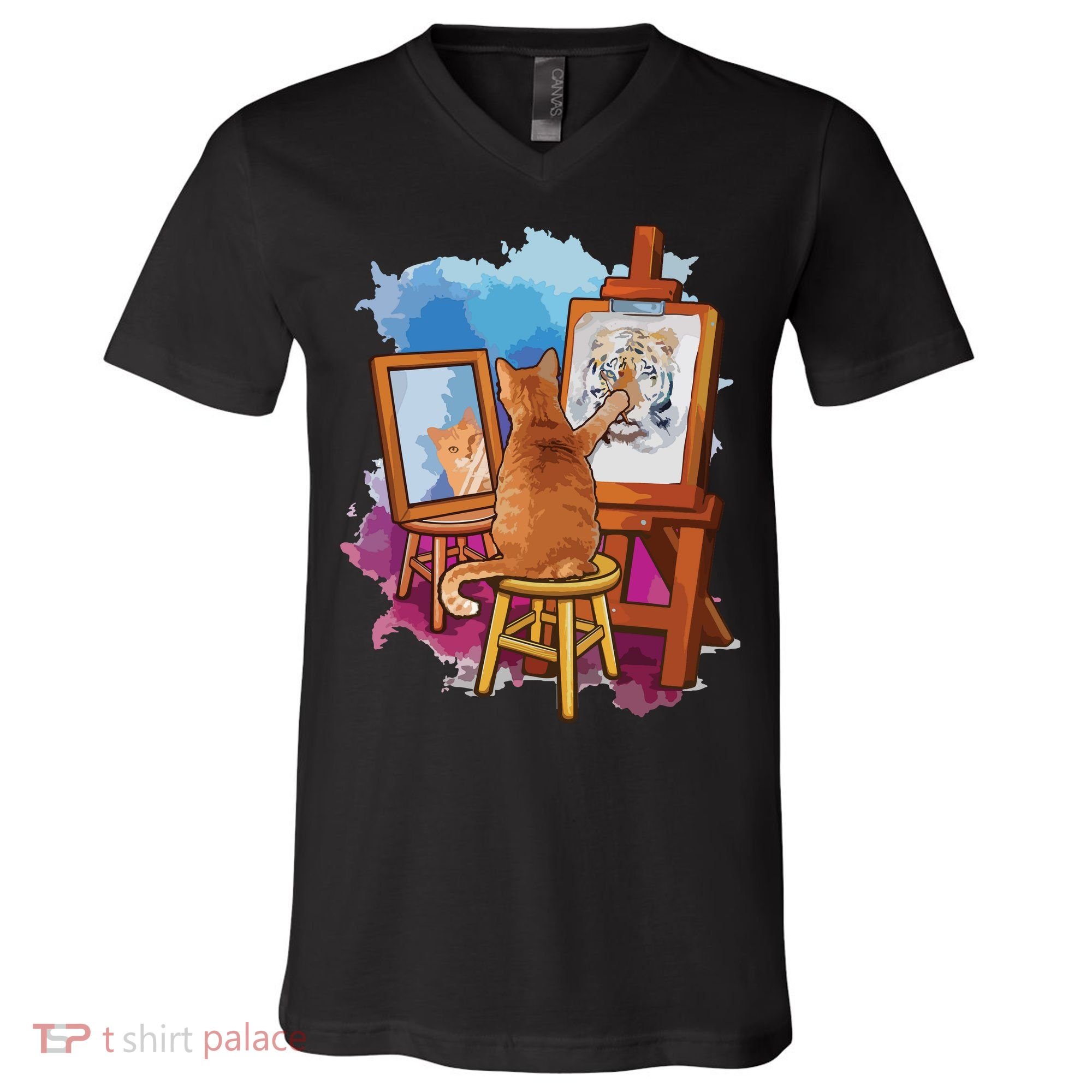 Cat Painting Lion Artistic Animals Lover Graphic Novelty V-Neck T-Shirt