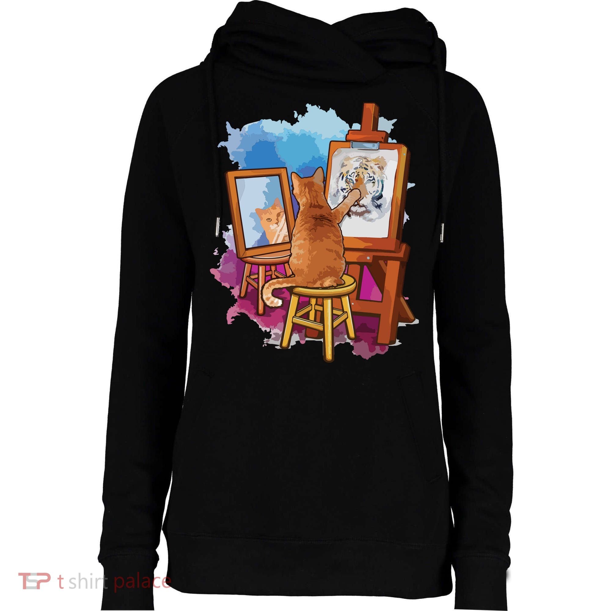 Cat Painting Lion Artistic Animals Lover Graphic Novelty Womens Funnel Neck Pullover Hood