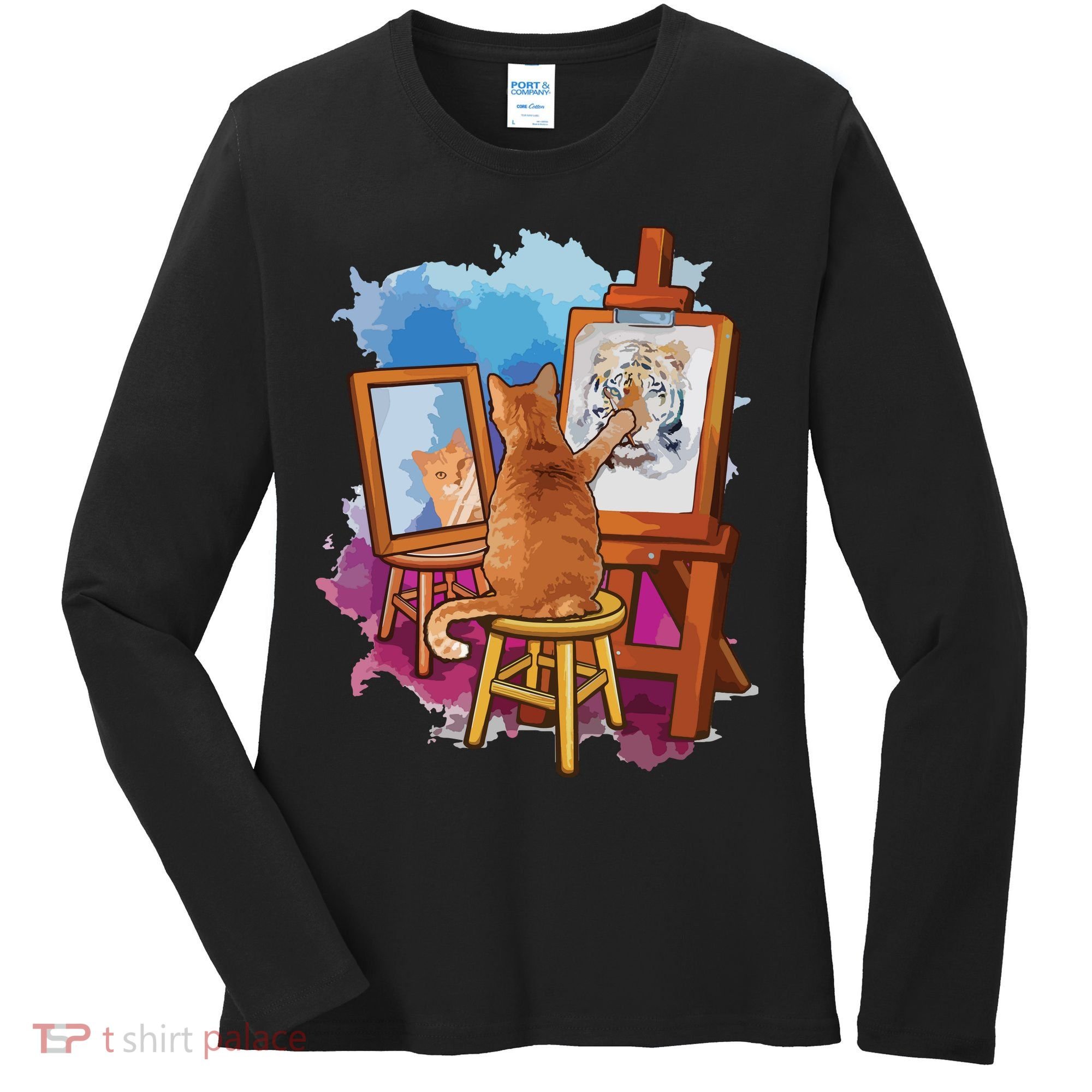 Cat Painting Lion Artistic Animals Lover Graphic Novelty Women's Long Sleeve Shirt