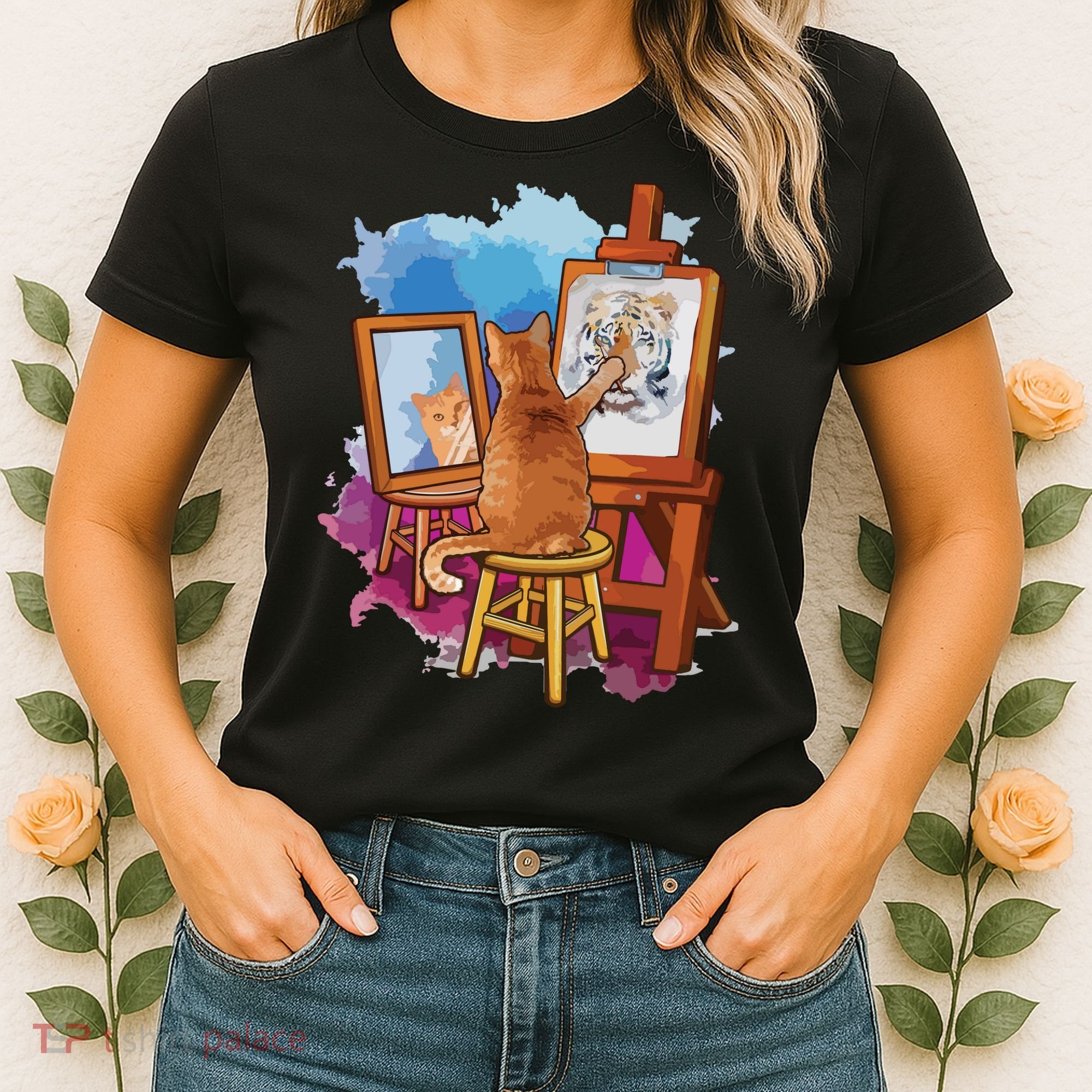 Cat Painting Lion Artistic Animals Lover Graphic Novelty Women's T-Shirt