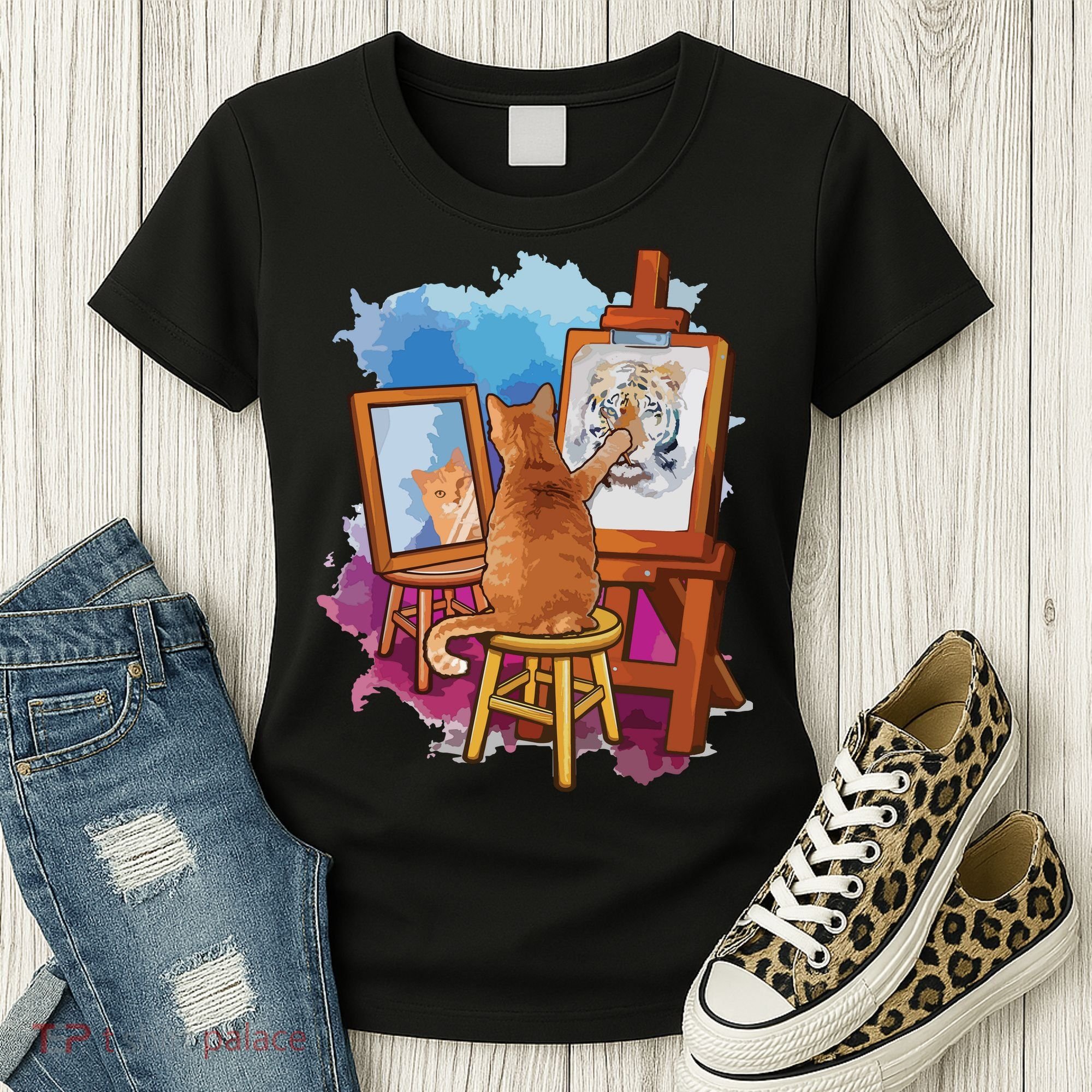 Cat Painting Lion Artistic Animals Lover Graphic Novelty Women's T-Shirt