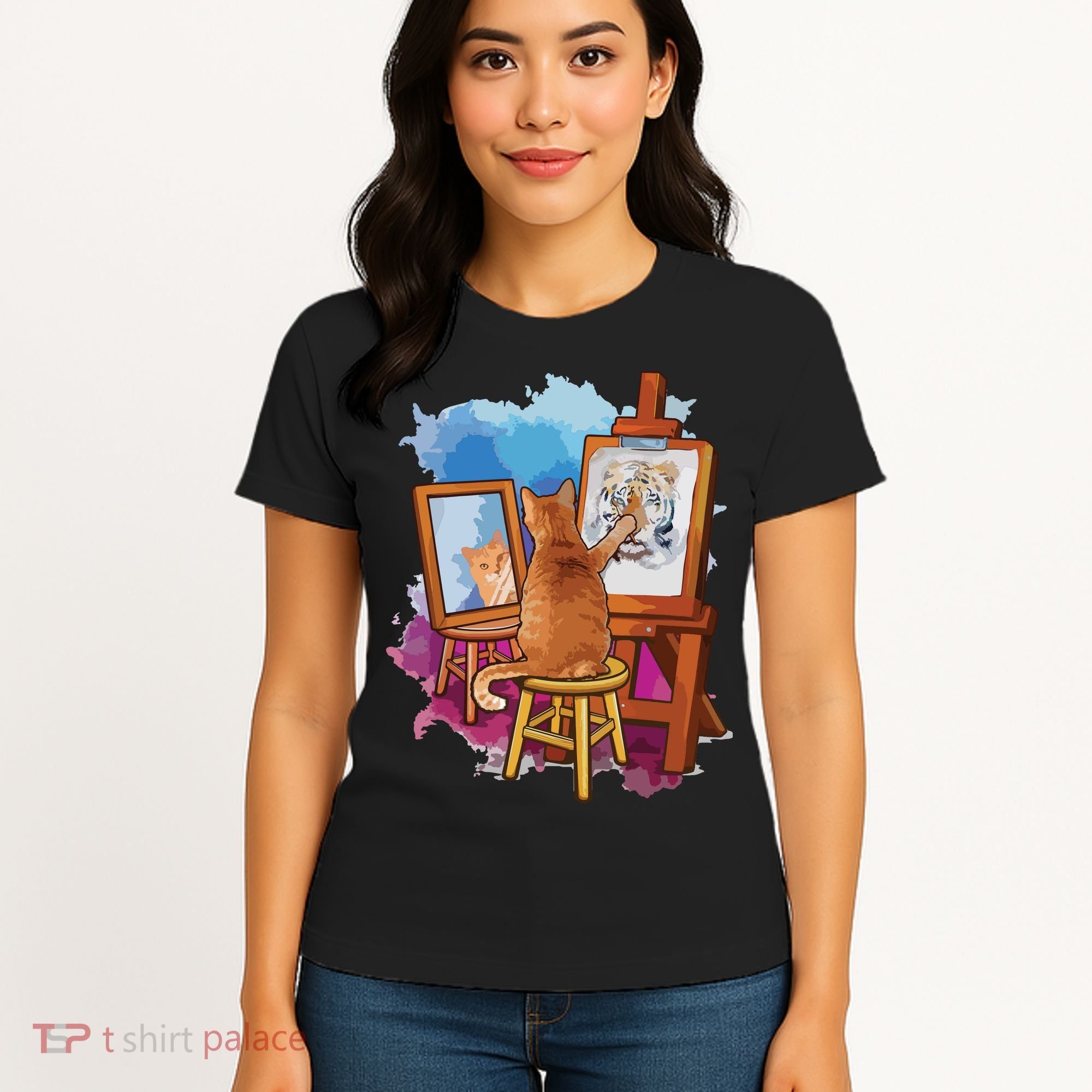 Cat Painting Lion Artistic Animals Lover Graphic Novelty Women's T-Shirt